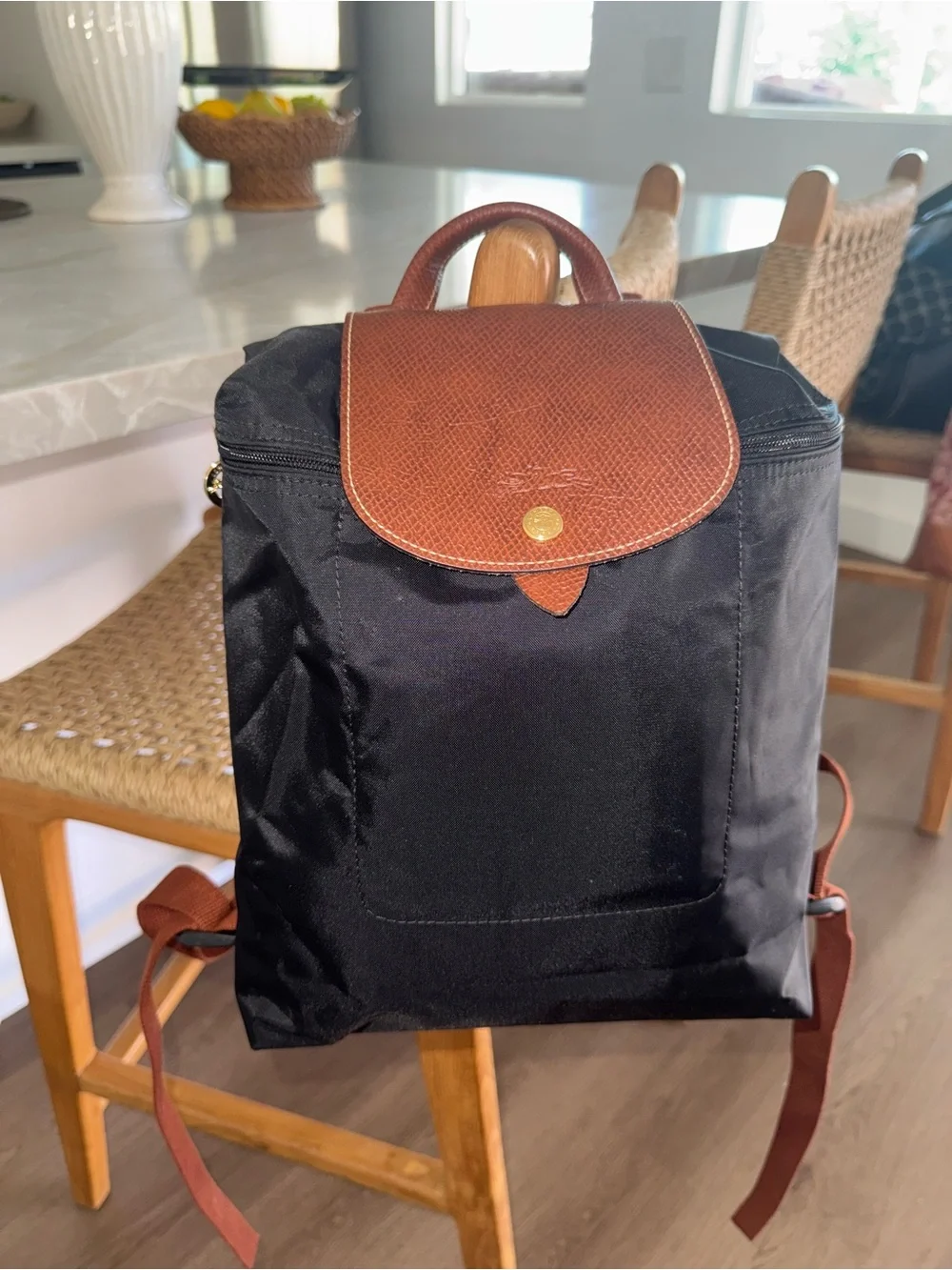 Longchamp Le Pliage Leather Flap Black With Brown Nylon Women’s Backpack